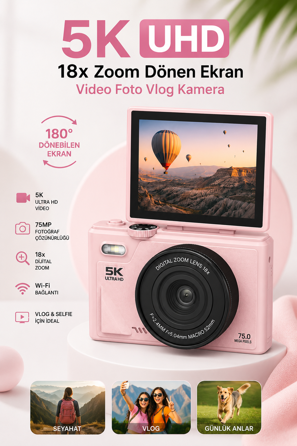 5K Dijital Kamera 75MP | 18X Zoom & Anti Shake